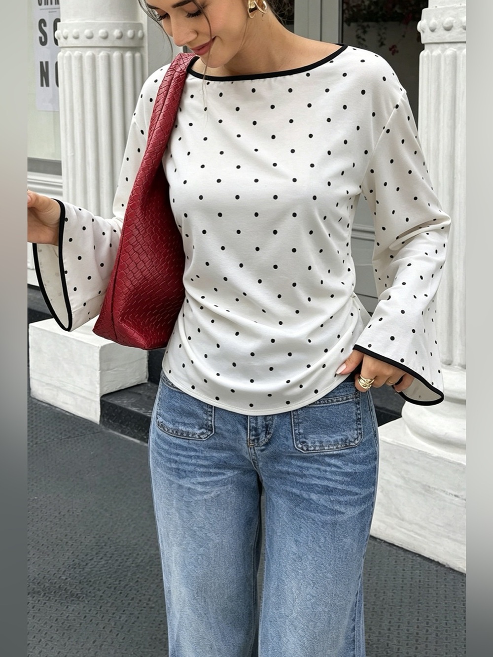 Polka Dot Flare Sleeve Blouse